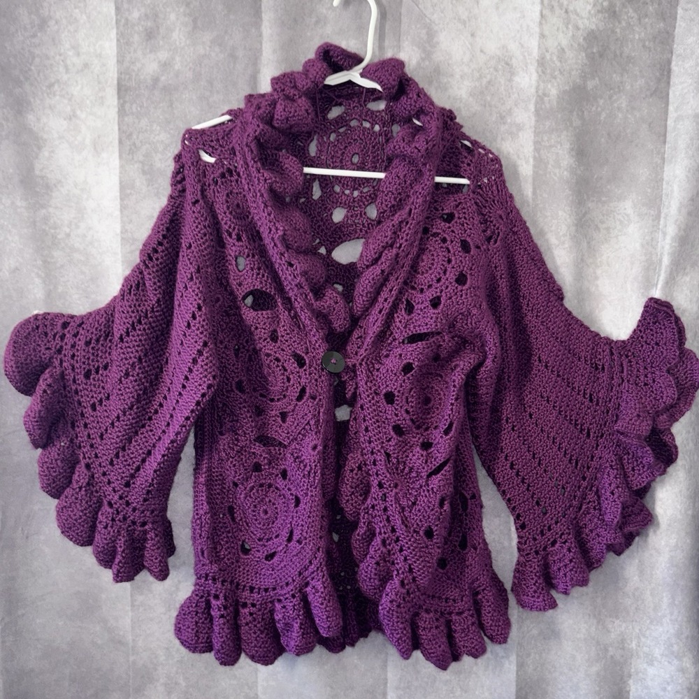 100% Handmade Large Purple Willow Granny Square Cardigan Ruffle Bell‎ Sleeves - Picture 6 of 12